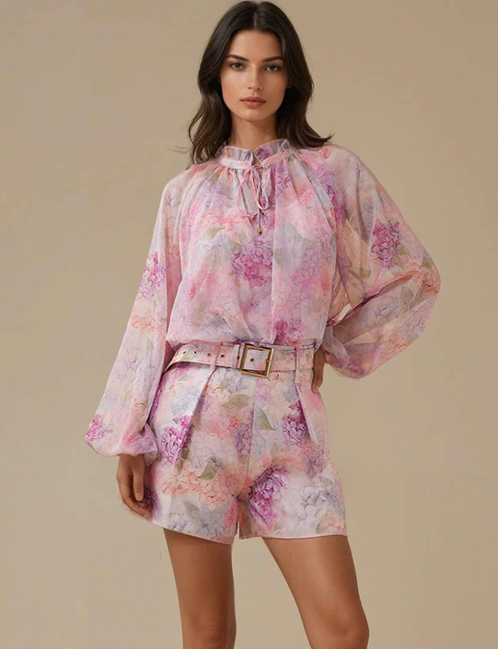 Ladies String Tie Long Sleeves 3PCS Top & Shorts Set SKST51285