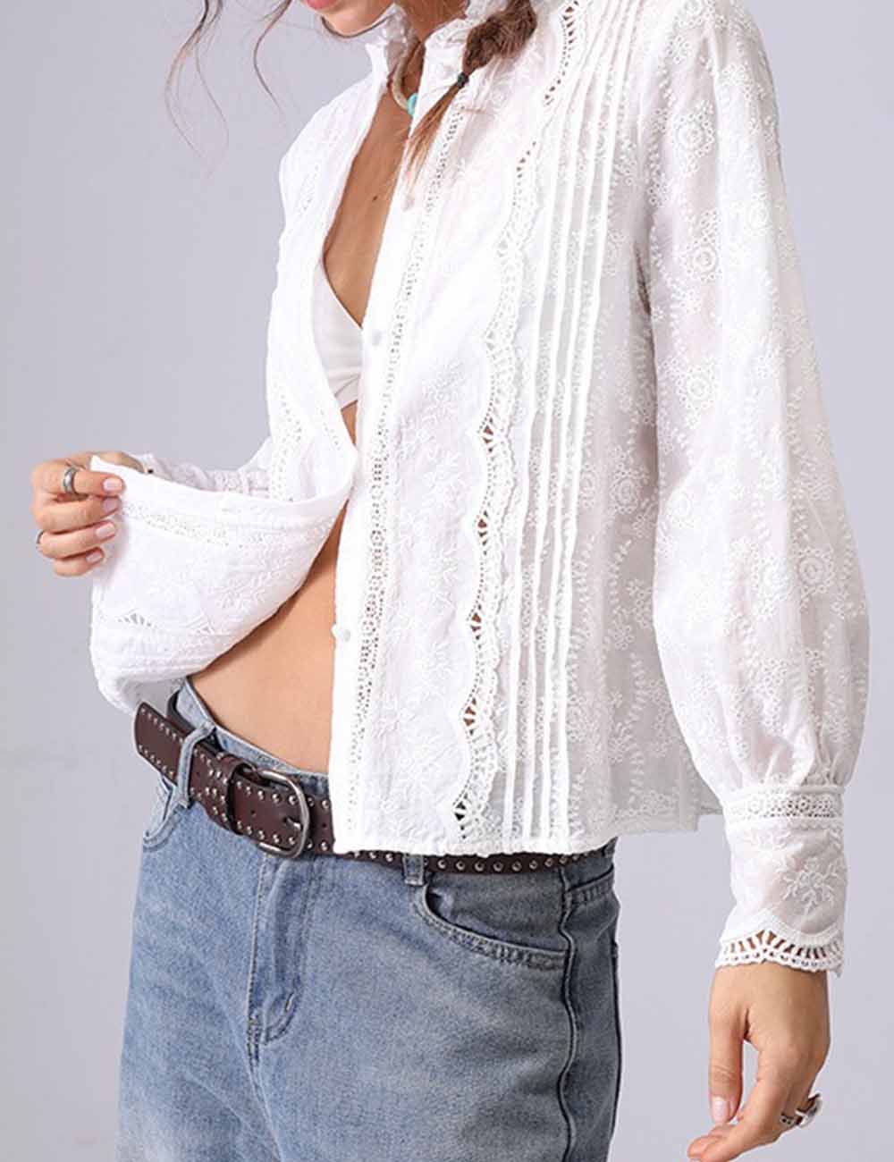Ladies Solid Color Floral Embroidery Stand Collar Ruffle Shirt