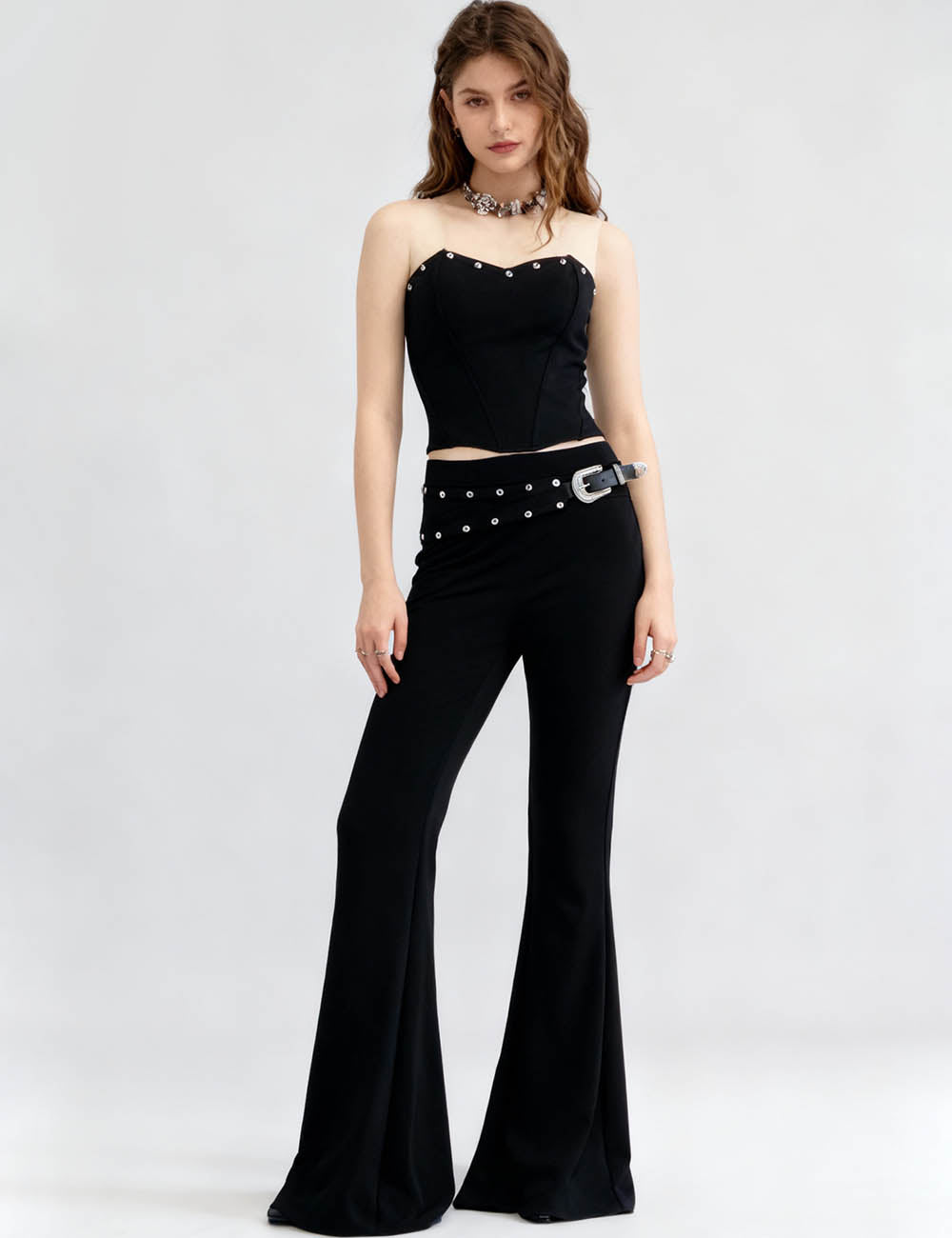 Ladies Metal Eyelet Flared Leg Tube Top & Pants 2PCS Set