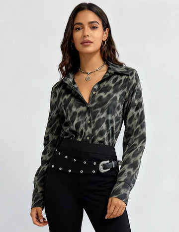 Ladies Tie-Dye Print Button Down Long Sleeves Shirt