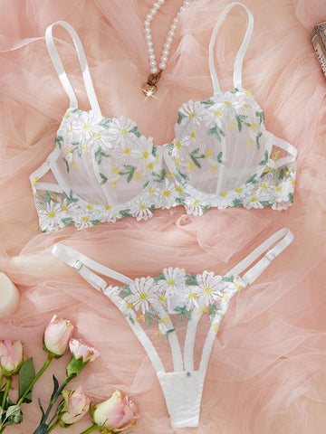 Ladies Embroidery Daisy Bra Thong 2PCS Lingerie Set SKLG4001