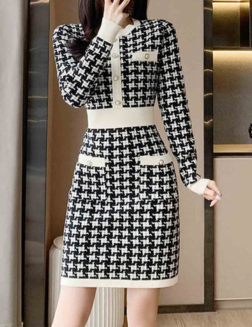 Ladies Round Neck Houndstooth Long Sleeves Knit Midi Dress