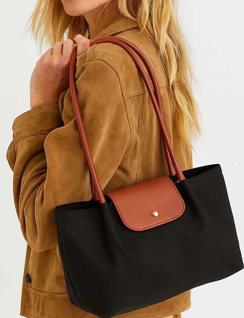 Ladies Color Block Handbag Double Shoulder Strap Tote Bag