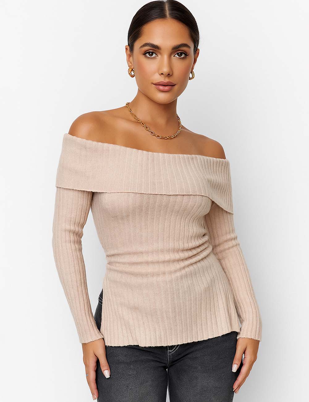 Ladies Solid Color Off Shoulder Knit Tee G2056