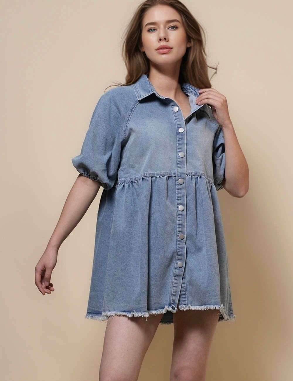 Ladies Turndown Collar Denim Mini Dress SKD50026