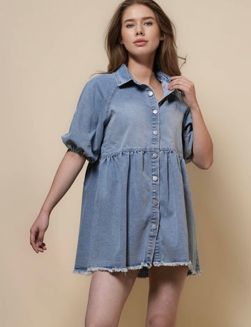 Ladies Turndown Collar Denim Mini Dress SKD50026