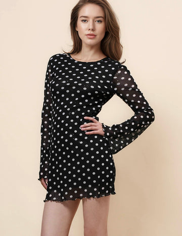 Ladies See Sheer Mesh Backless Polka Dot Mini Dress SKD41034