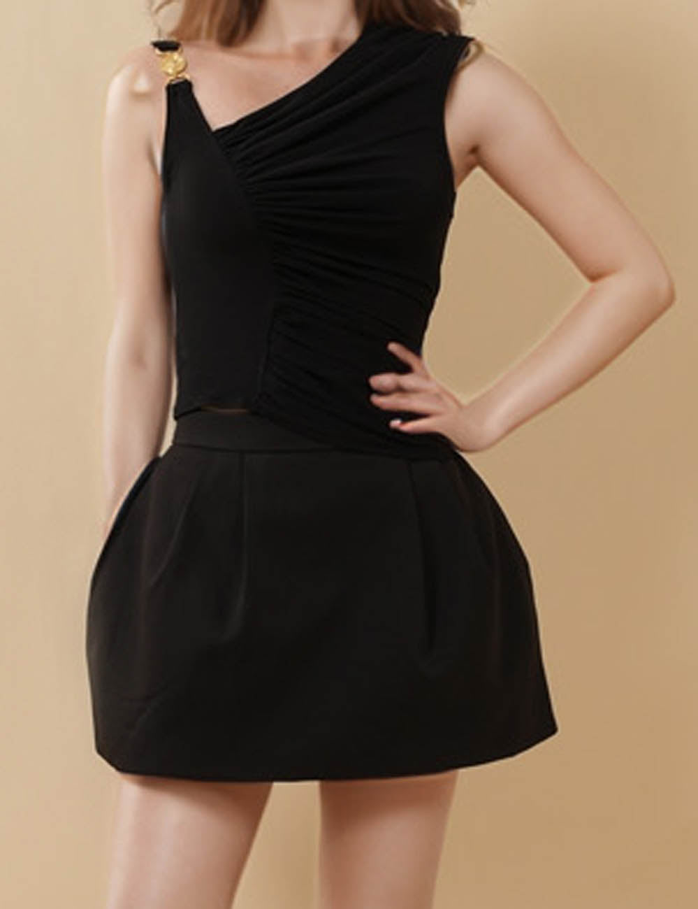 Ladies Solid Color One Shoulder Bud Layering Top & Skort Set