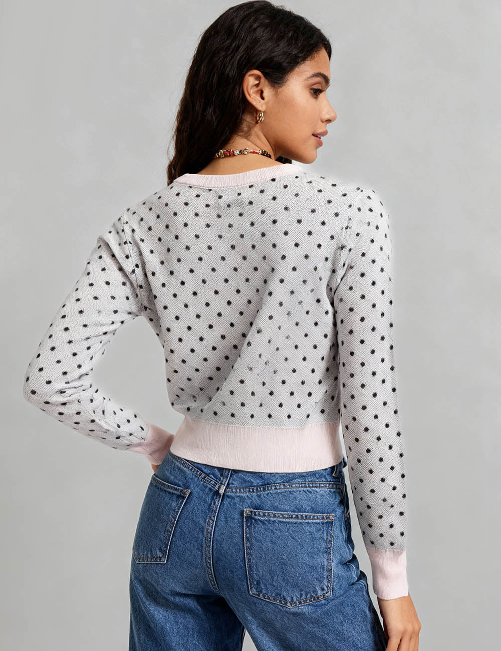 Ladies Color Block Polka Dot Button Front Crop Knit Cardigan