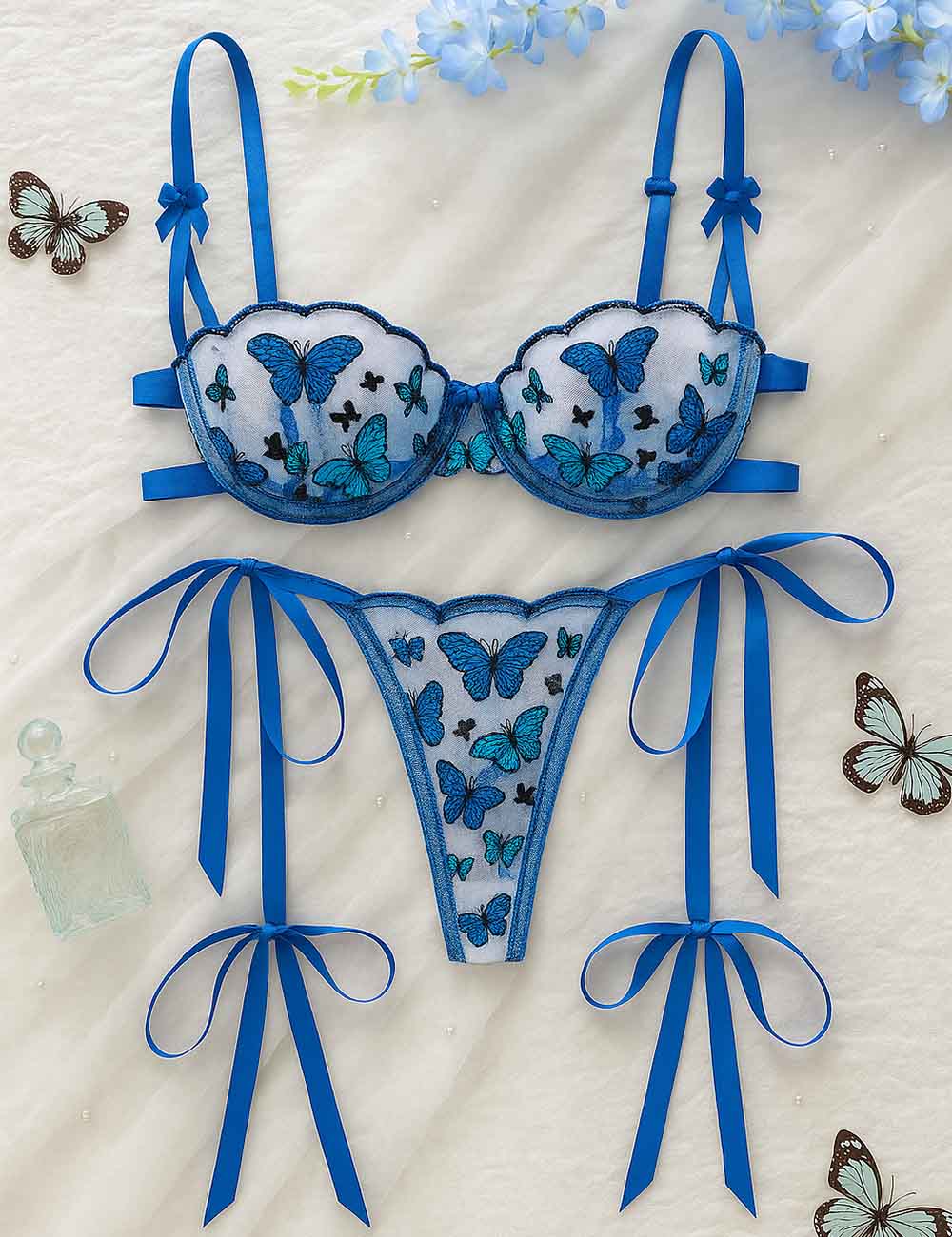 Ladies Sexy Butterfly Embroidery Tie Side Thong Lingerie Set