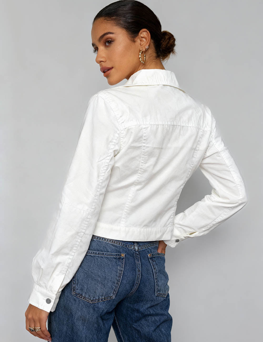 Ladies Shirt Collar Button Long Sleeves Crop Jacket