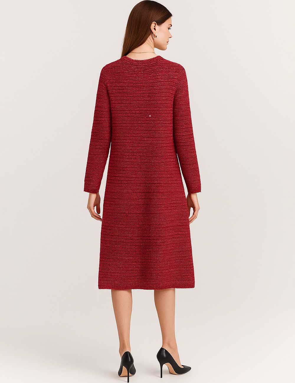 Ladies Round Neck Button Hip Wrap Knit Midi Dress