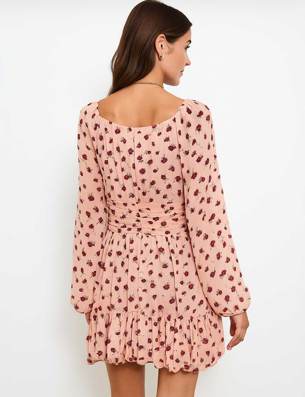 Women Tiny Floral V-Neck Long Sleeves Mini Dress