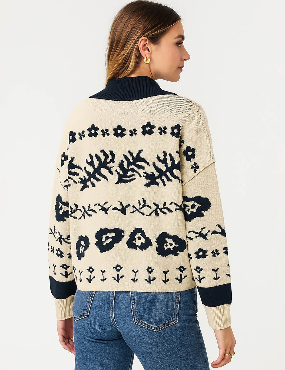 Ladies Color Block Lapel Collar Floral Pattern Sweater Cardigan