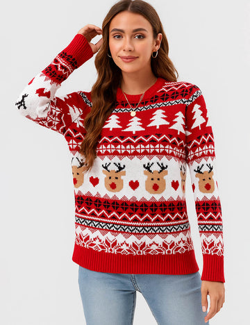 Ladies Reindeer Christmas Pattern Knit Sweater