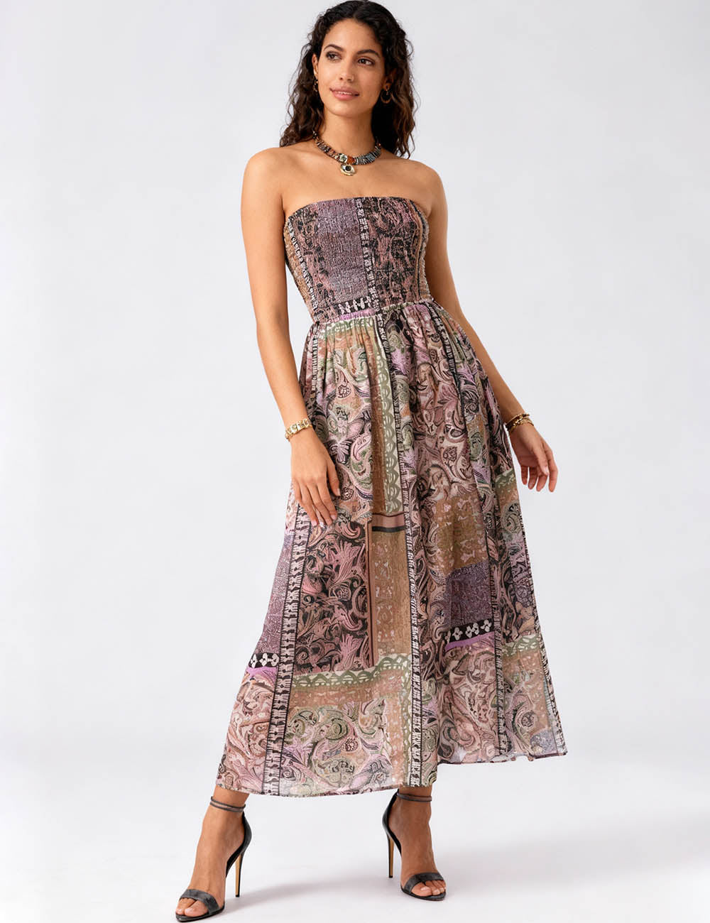 Ladies Floral Print Smocked Back Strapless Tube Maxi Dress