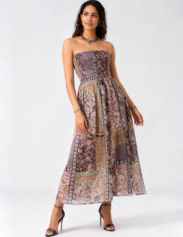 Ladies Floral Print Smocked Back Strapless Tube Maxi Dress