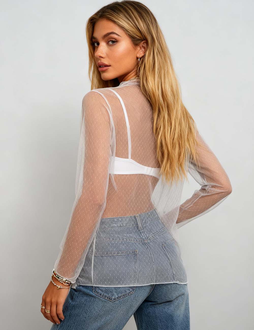 Ladies Mock Neck Dot Mesh Sheer Layering Top