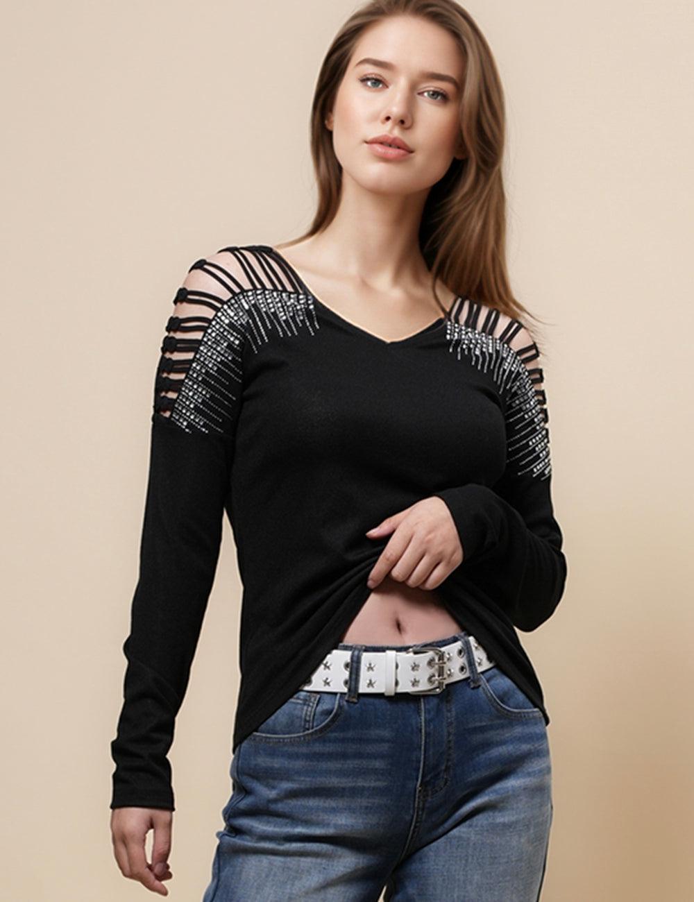 Ladies Shinny Rhinestone Daily Layring Top Blouses SKT4817