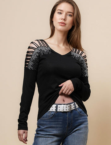 Ladies Shinny Rhinestone Daily Layring Top Blouses SKT4817