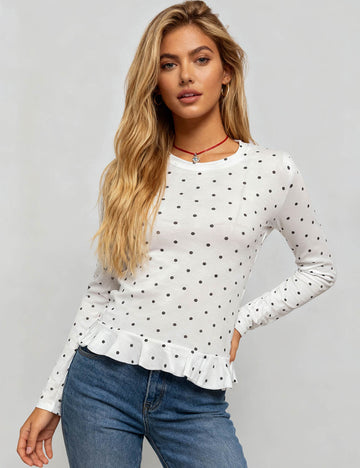 Ladies Polka Dot Round Neck Ruffle Hem Layering Top