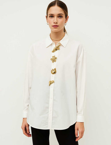 Ladies White Shirt Gold Button Turndown Collar Shirt
