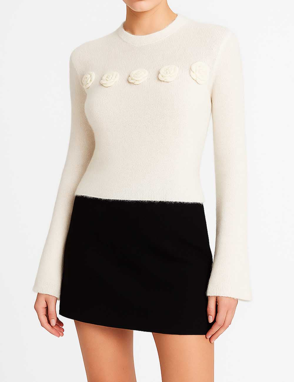 Ladies 3D Crochet Flower Long Sleeves Knit Layering Top