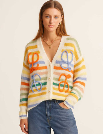 Ladies V-Neck Rainbow Striped Button Knit Cardigan