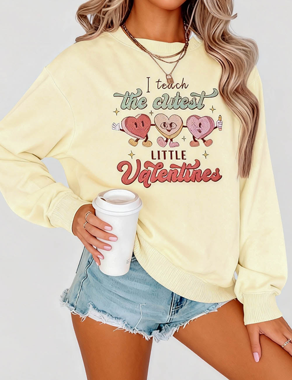 Ladies Valentine Heart Cartoon Graphic Round Neck Sweatshirt