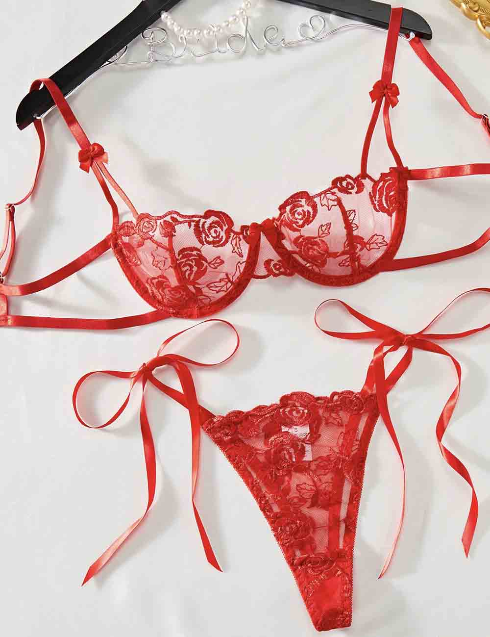 Ladies Floral Embroidery See Through 2PCS Lingerie Set 8HF4217