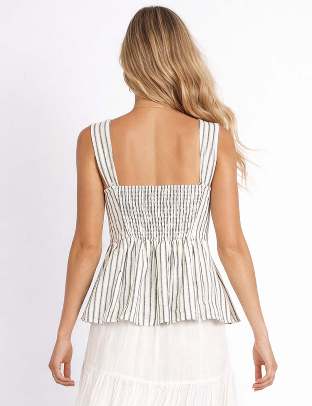 Ladies Chic Striped Square Neck Button Back Smocked Top