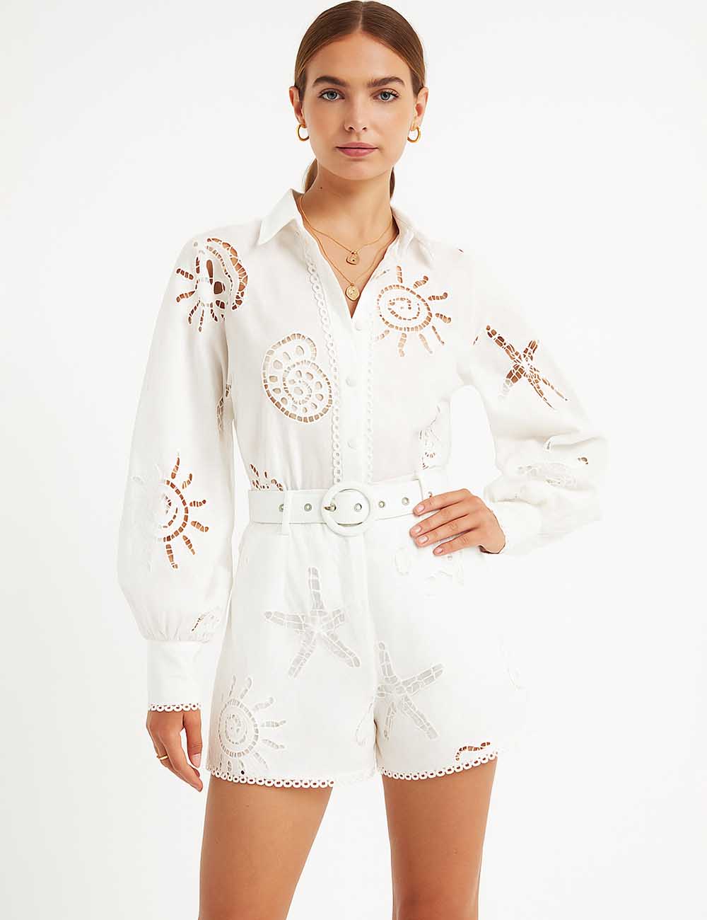 Ladies Embroidery Eyelet Hollow Button Down Shirt & Shorts Set
