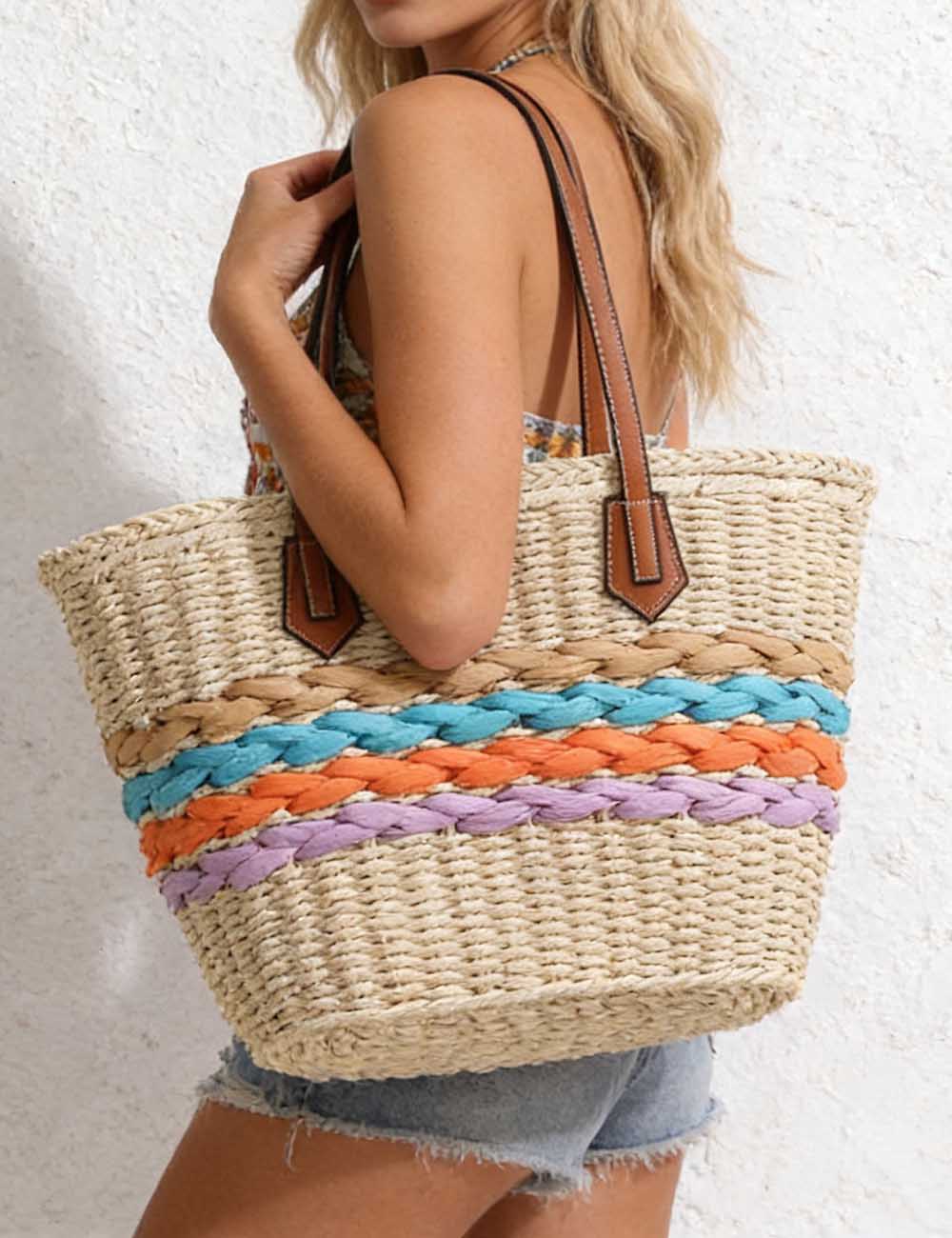 Ladies Colorful Woven Straw Summer Tote Shoulder Bag
