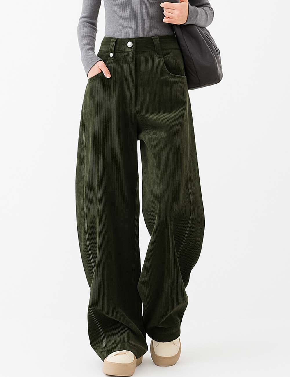 Ladies Solid Color Corduroy Wide Leg Pants