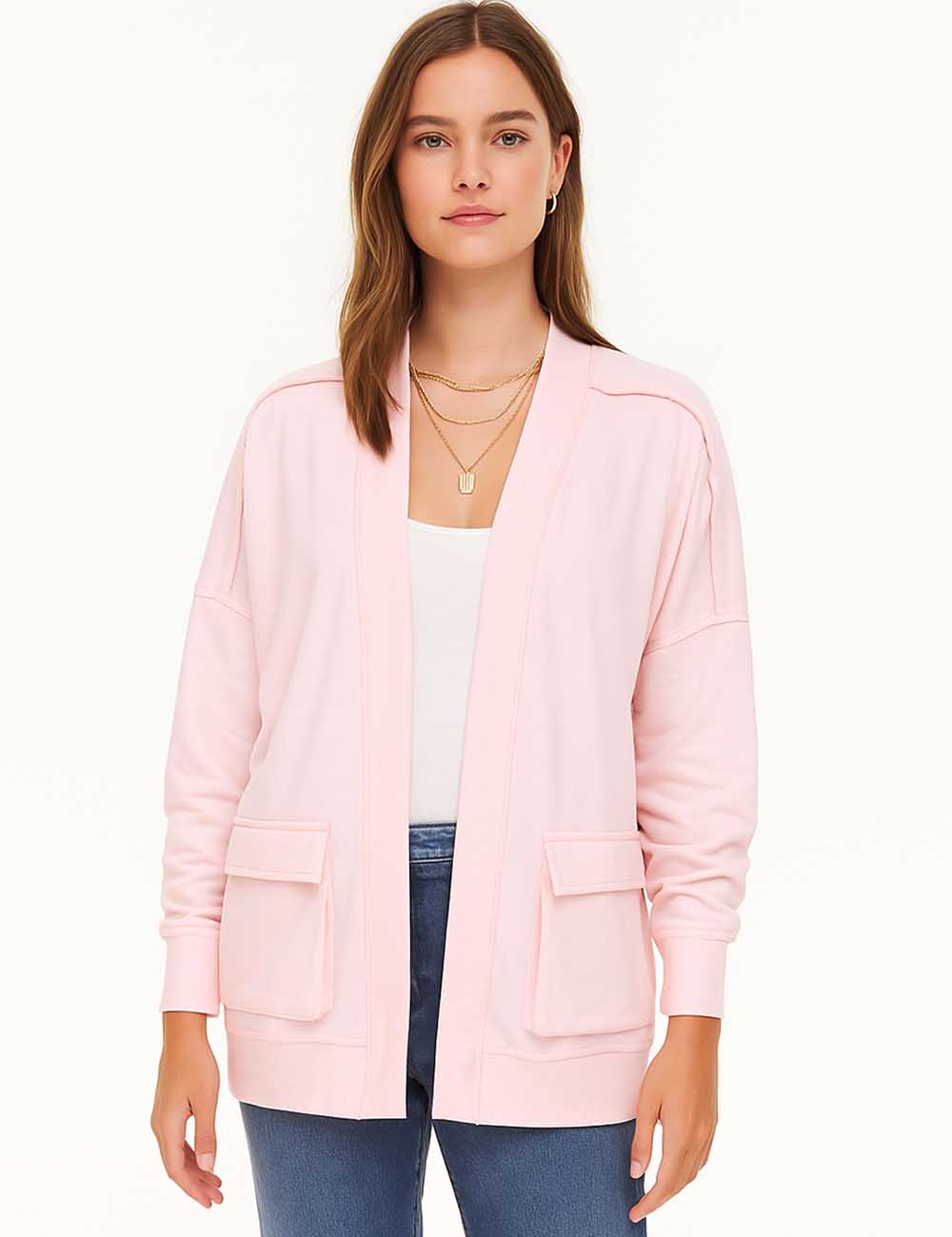 Ladies Solid Color Front Open Flap Pocket Sweatshirt