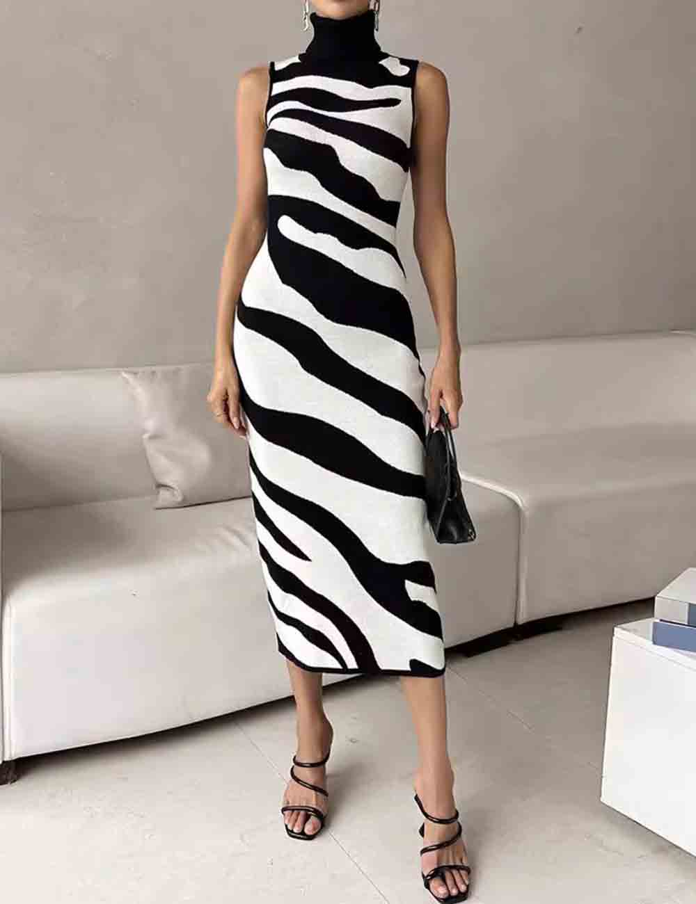 Ladies Color Block High Collar Sleeveless Sweater Dress