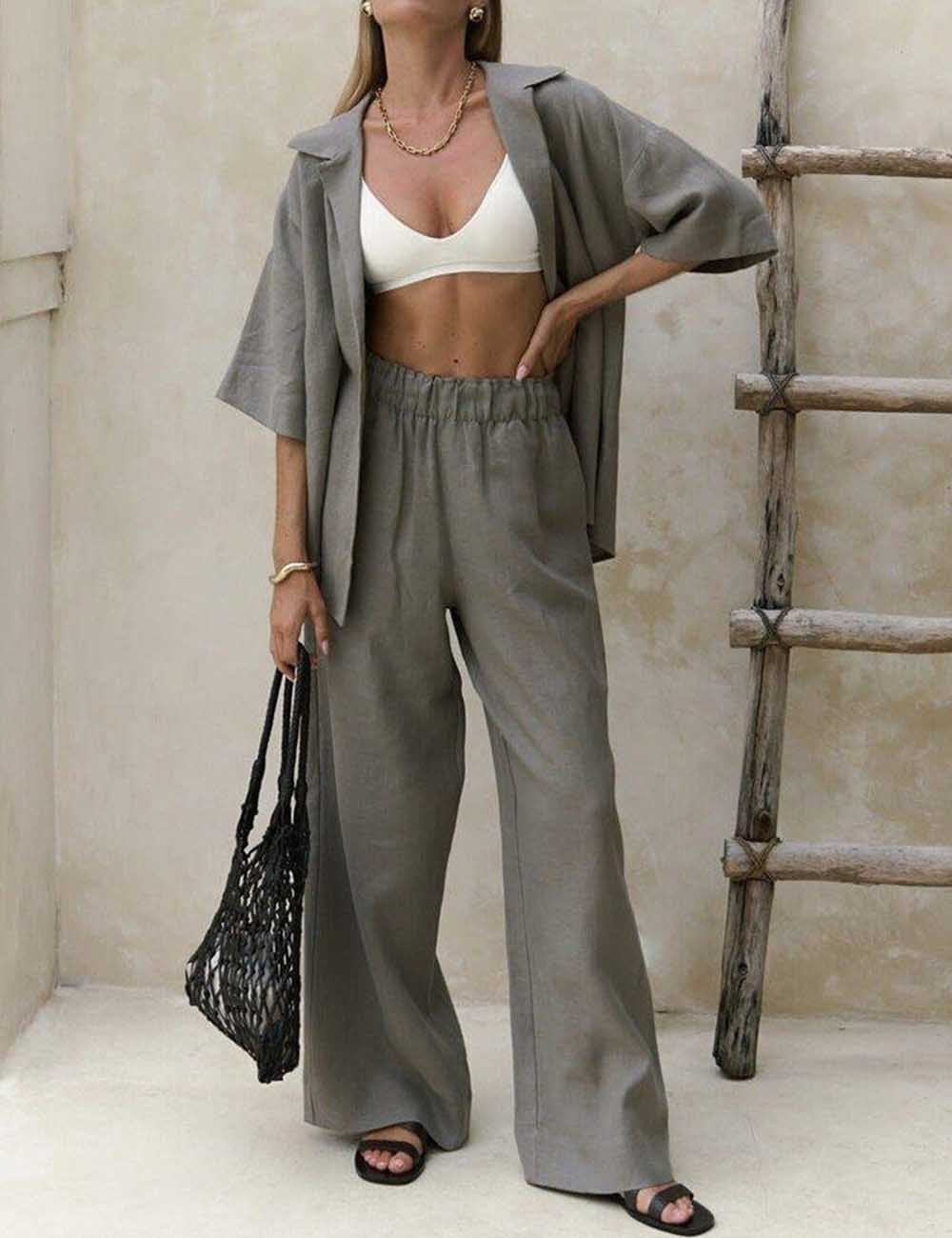 Ladies Solid Color Button Short Sleeves Shirt & Pants 2PCS Set