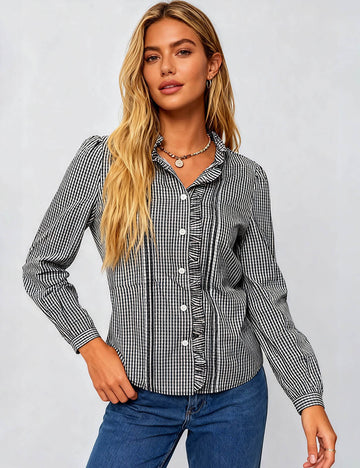 Ladies Checked Ruffle Stand Collar Button Front Blouse