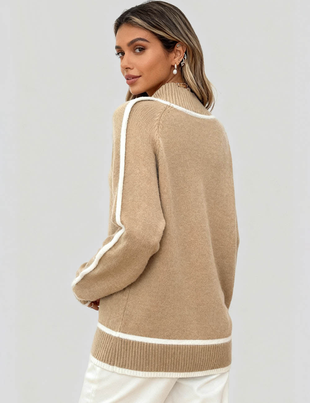 Ladies Color Block Mock Neck Long Sleeves Knit Sweater