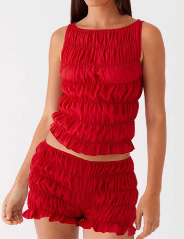 Ladies Solid Color Smocking Tank Top & Shorts 2PCS Set