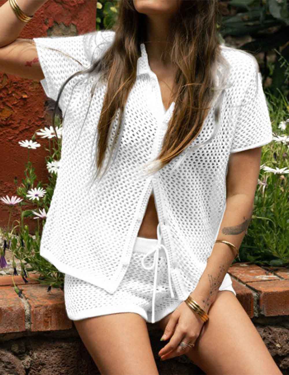 Ladies Openwork Knit Short Sleeves Shirt & Shorts Set