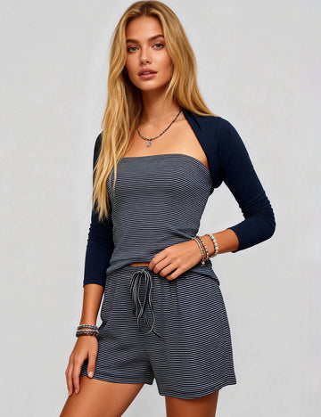 Ladies Striped Elastic Waist Pocket Wide Leg Shorts