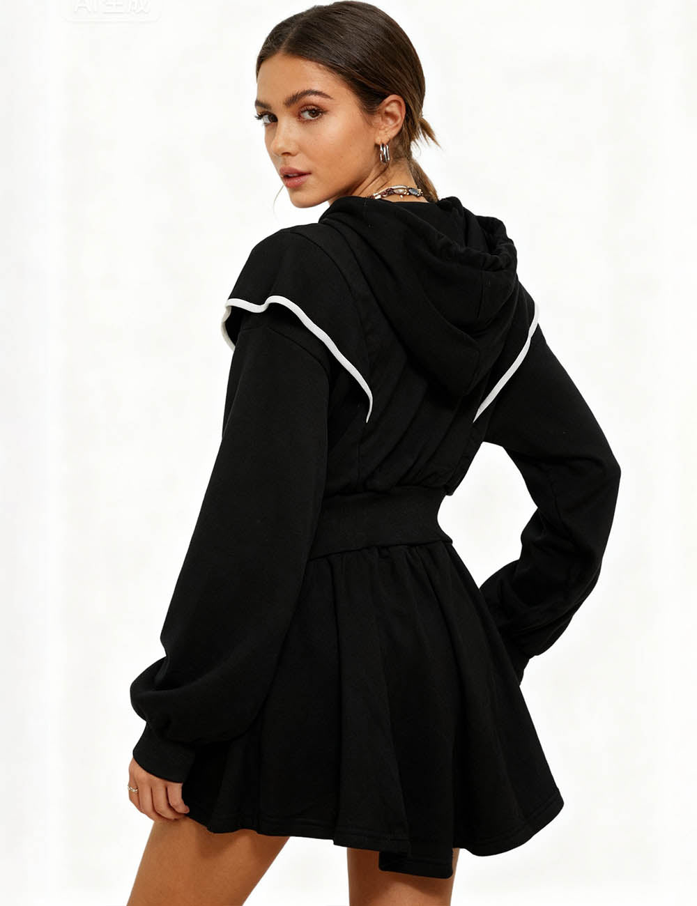 Ladies Hooded Collar Zip Up Sweatshirt Wide Leg Shorts Set