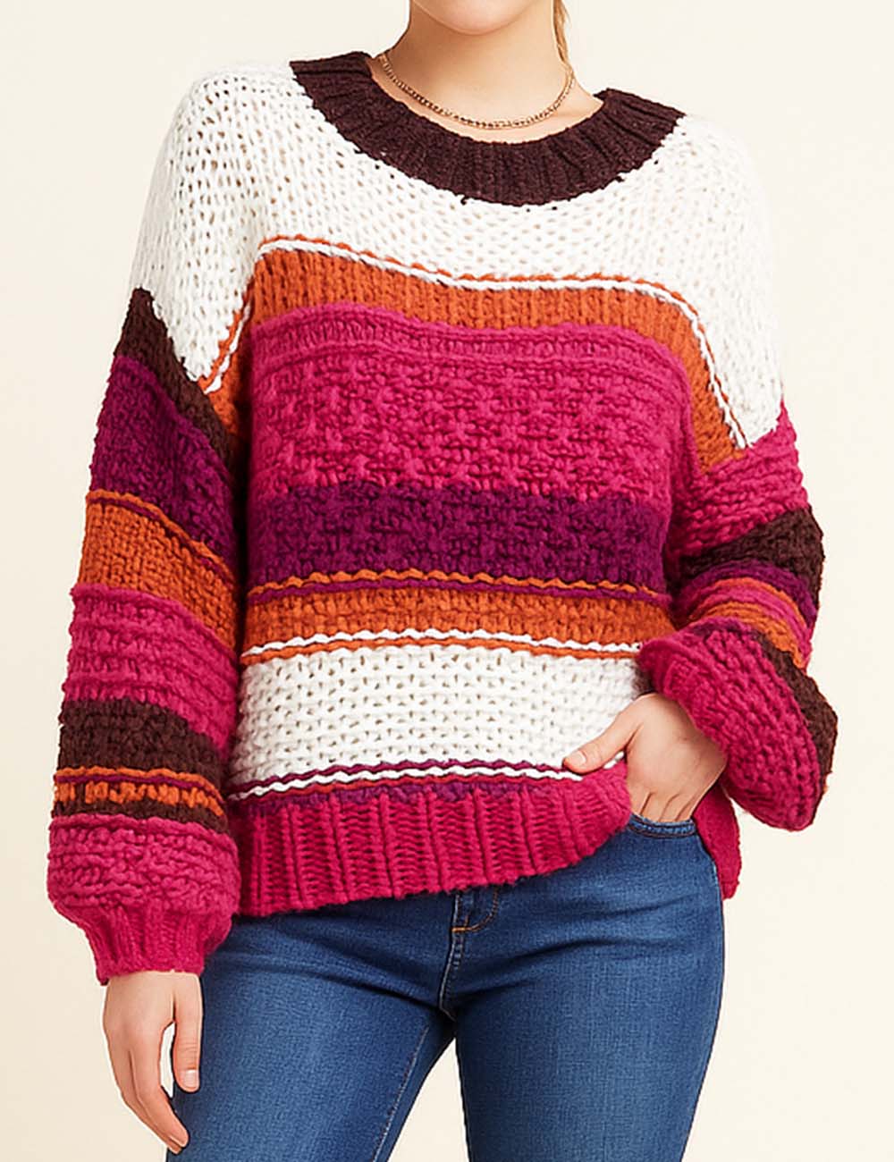 Ladies Multi Color Striped Balloon Sleeves Chunky Knit Sweater