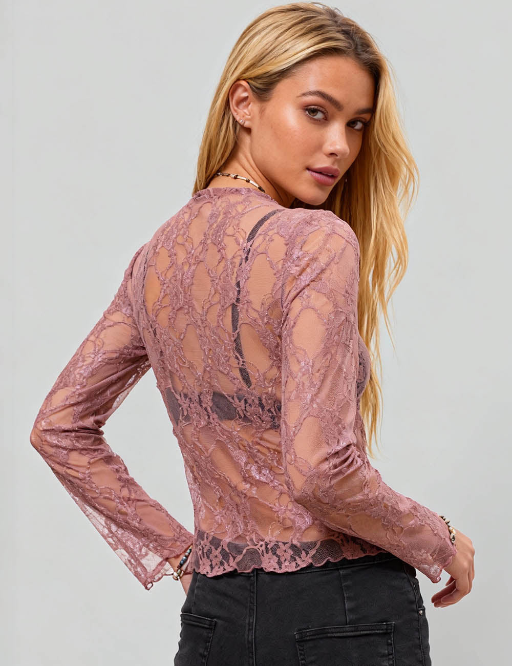 Ladies Floral Lace Blouse See Sheer Layring Top SKT41018