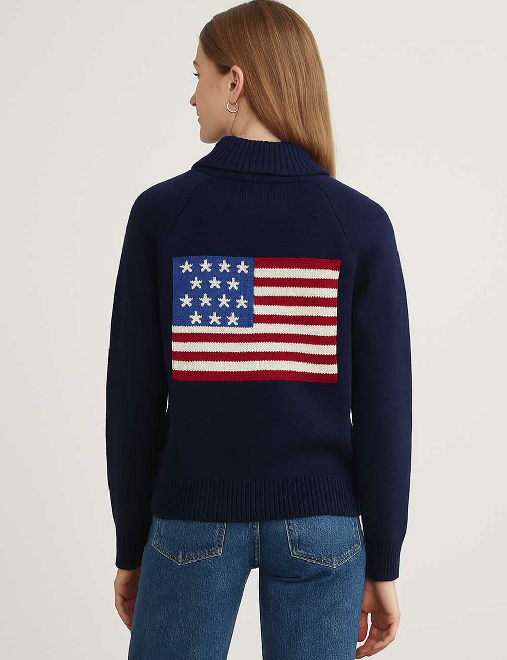 Ladies V-Neck Button Closure American Flag Cardigan Sweater