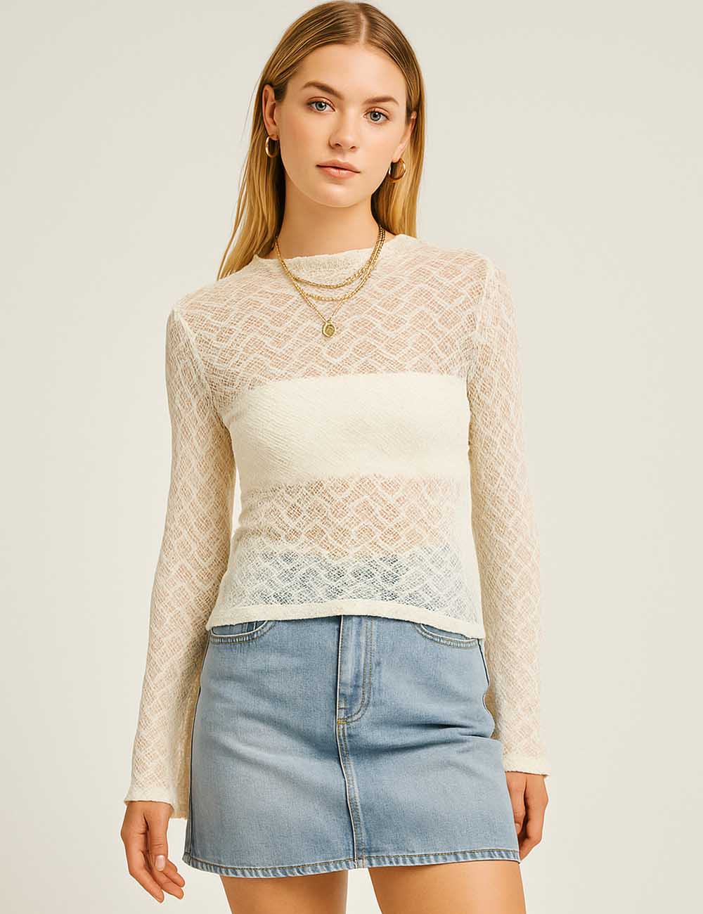 SKTKX13 Women Round Neck Long Sleeves Sheer Top