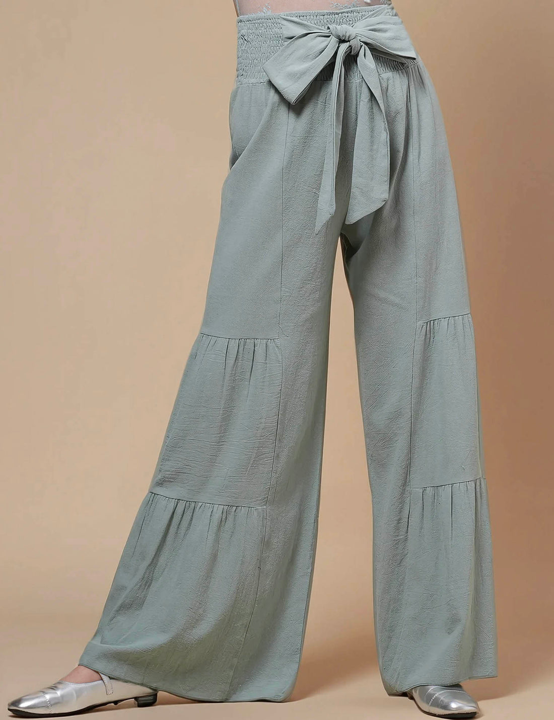 Ladies High Waist Fold Wide Leg String Tie Pants SKP50467