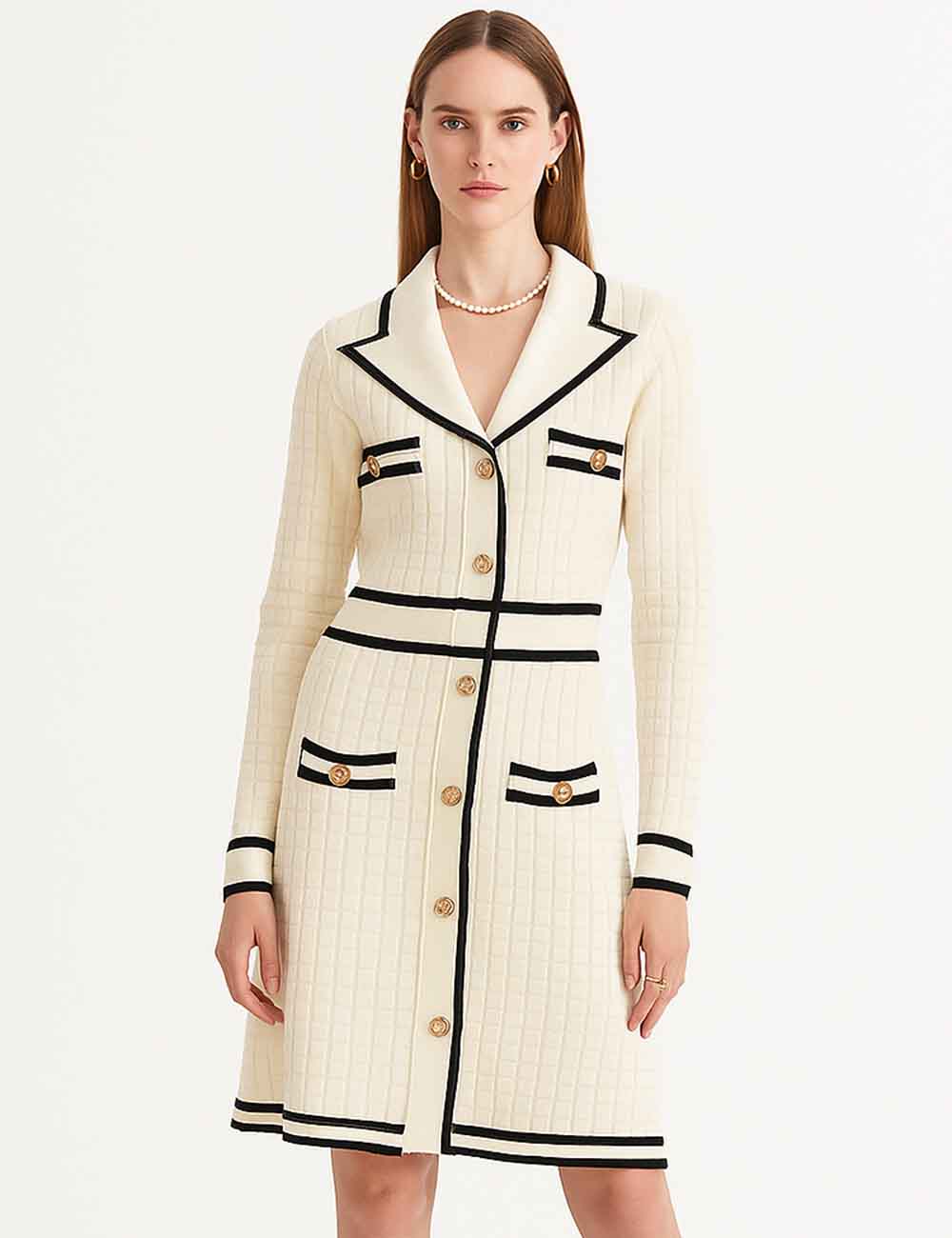 Ladies Color Block V-Neck Long Sleeves Knit Midi Dress
