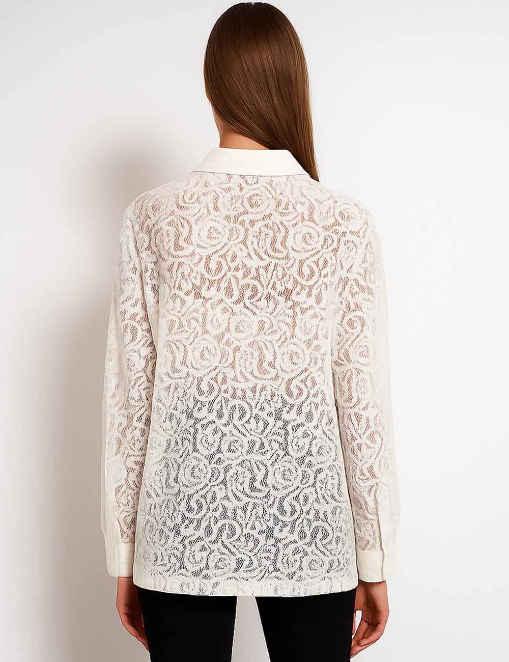 Ladies Turndown Collar Button Floral Lace Shirt